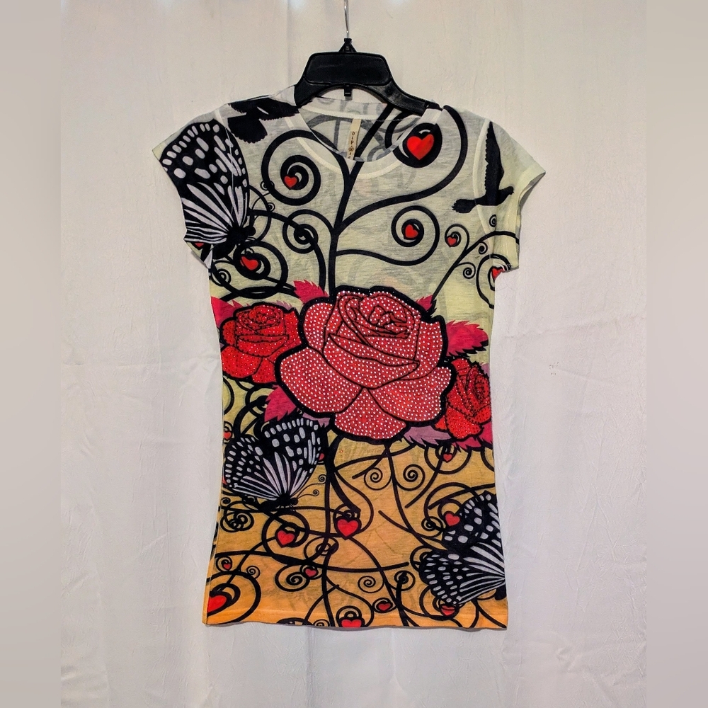 Floral Graphic Women's Top - Multicolor HIP TEE Roses Butterflies Sequined Bling